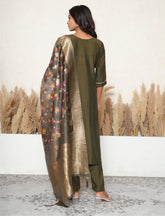Juniper Green Embroidered Suit Set with Floral Organza Dupatta